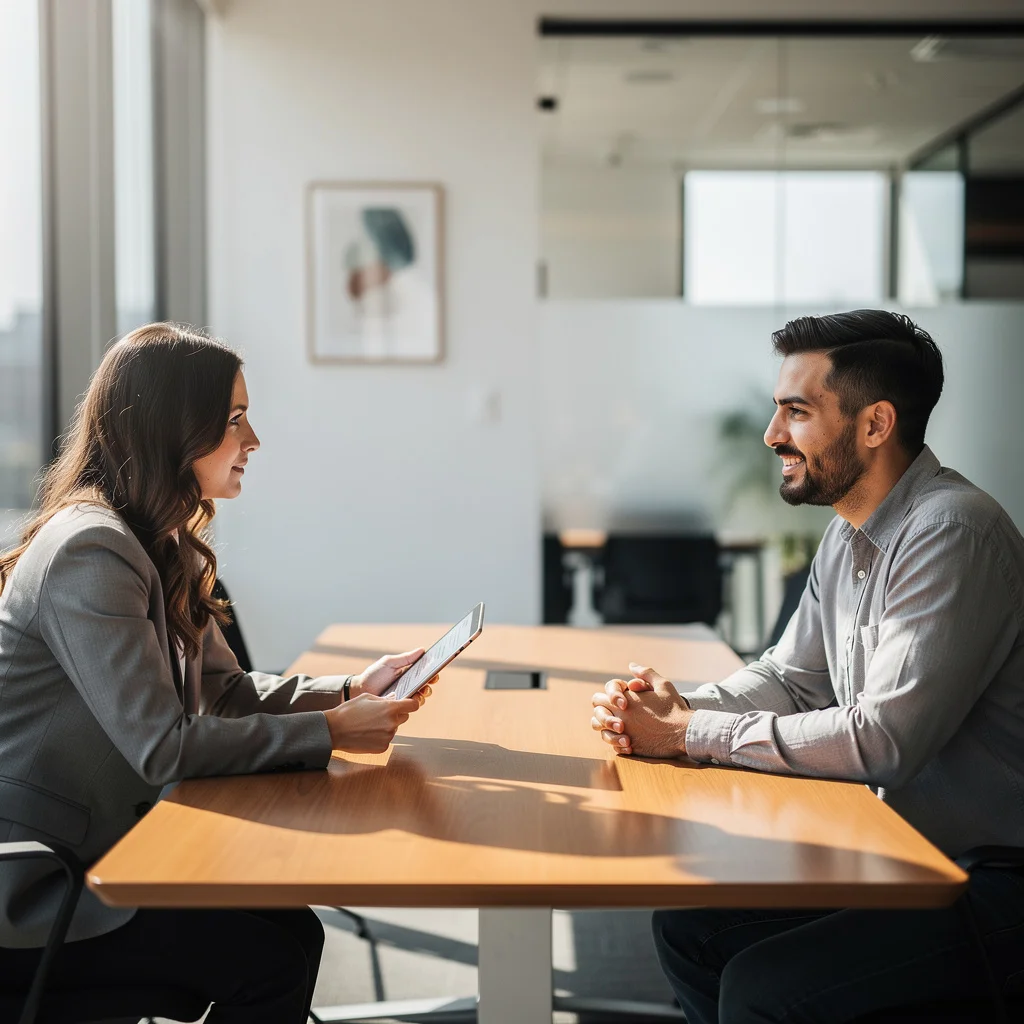 Candidat confiant lors d'un entretien d'embauche face au recruteur dans un bureau moderne