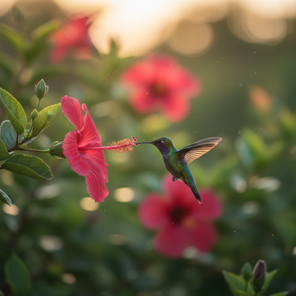 Colibri en vol stationnaire face à une fleur spécifique parmi plusieurs autres en arrière-plan flou