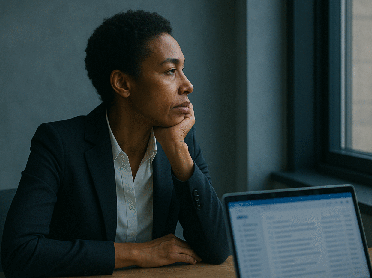 Personne pensive devant un ordinateur en train de procrastiner