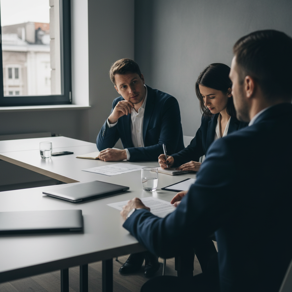 Candidat vu de dos face à deux recruteurs attentifs durant un entretien d'embauche dans une salle de réunion moderne