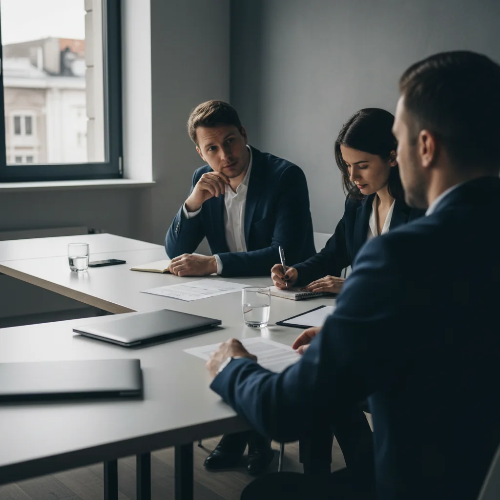 Candidat vu de dos face à deux recruteurs attentifs durant un entretien d'embauche dans une salle de réunion moderne