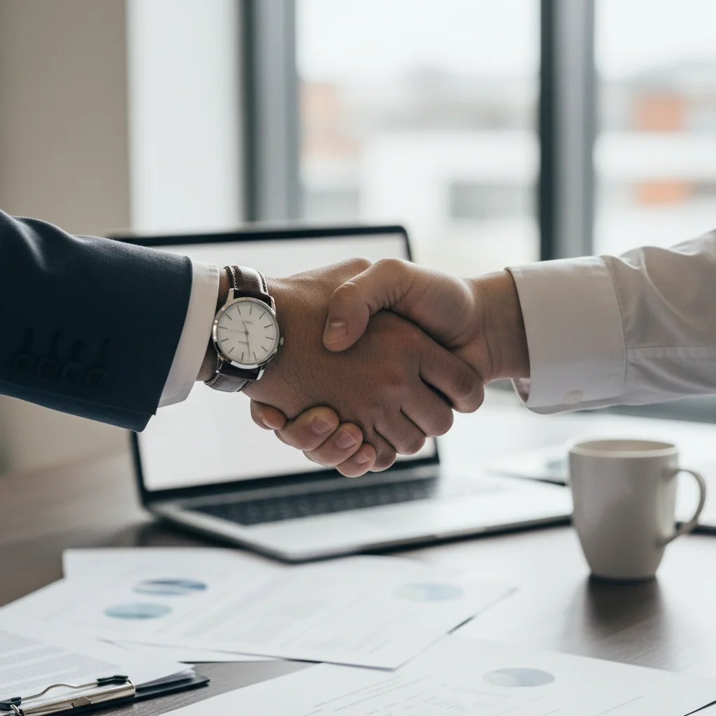 Deux professionnels en conversation constructive, l'un présentant des excuses avec assurance et dignité, maintenant contact visuel et posture droite, illustrant une approche mature de la responsabilité