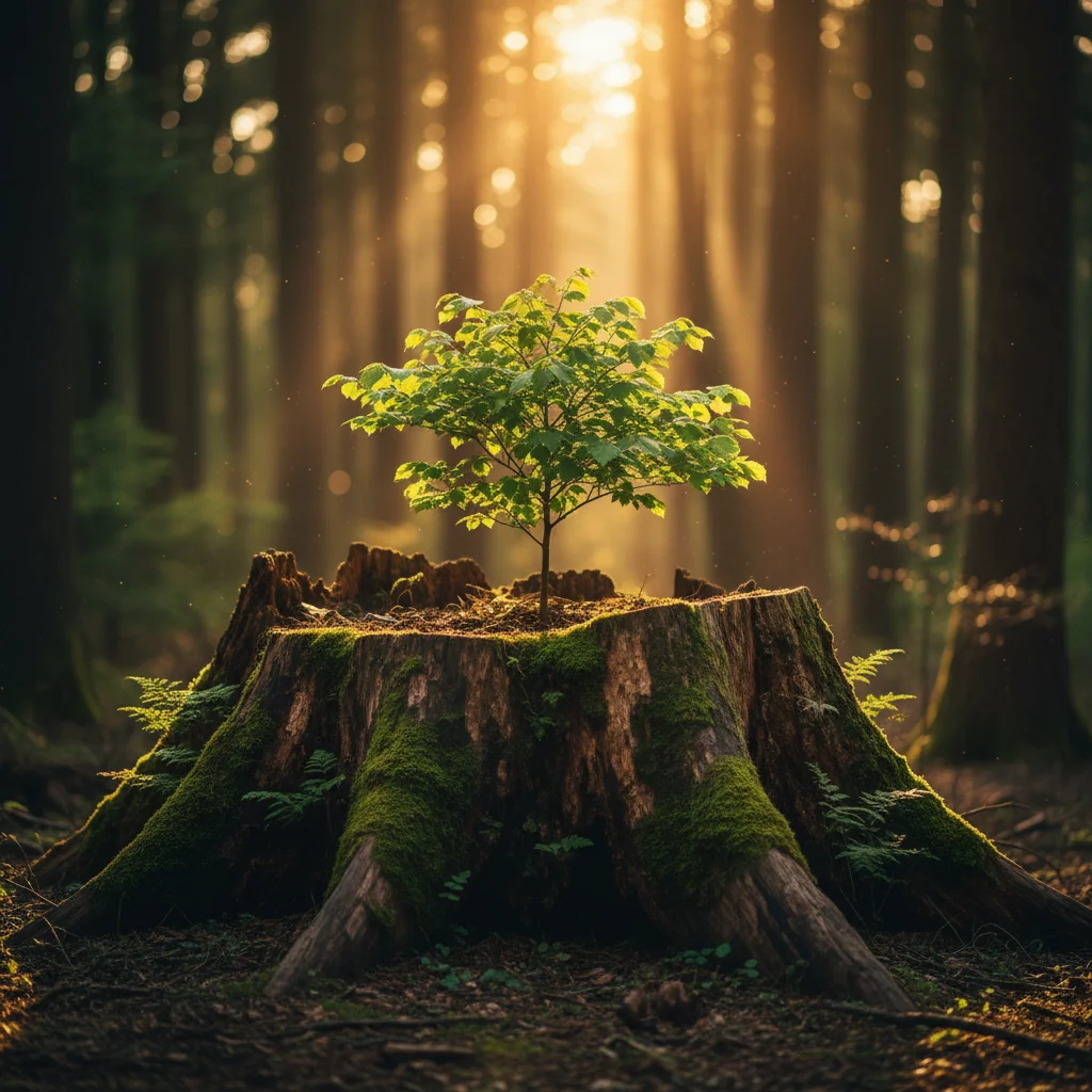 Jeune pousse d'arbre vigoureuse émergeant d'une souche ancienne en forêt