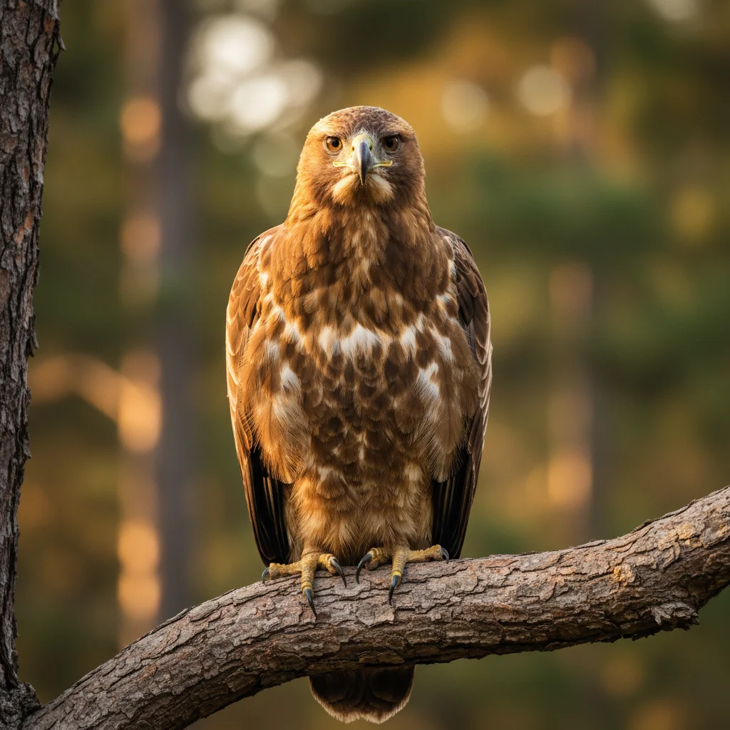 Aigle jeune perché avec assurance, regard direct et concentré vers la caméra dans une lumière dorée