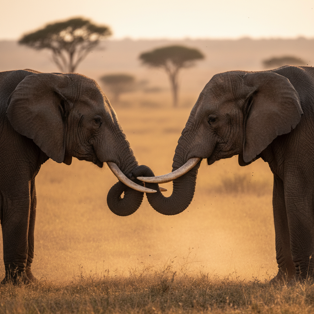 Deux éléphants face à face, trompes entrelacées dans un geste d'apaisement après une tension