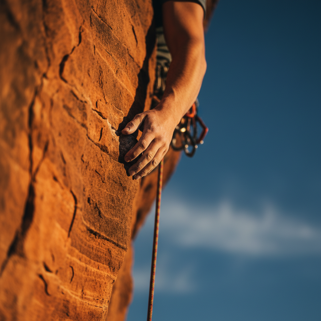 Main d'un grimpeur attrapant une nouvelle prise après avoir manqué la précédente sur une paroi rocheuse