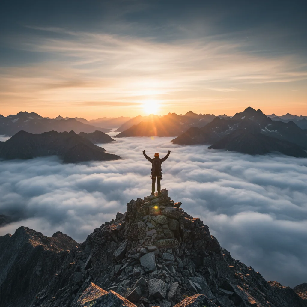 Alpiniste solitaire au sommet d'une montagne au lever du soleil, bras levés face à l'immensité