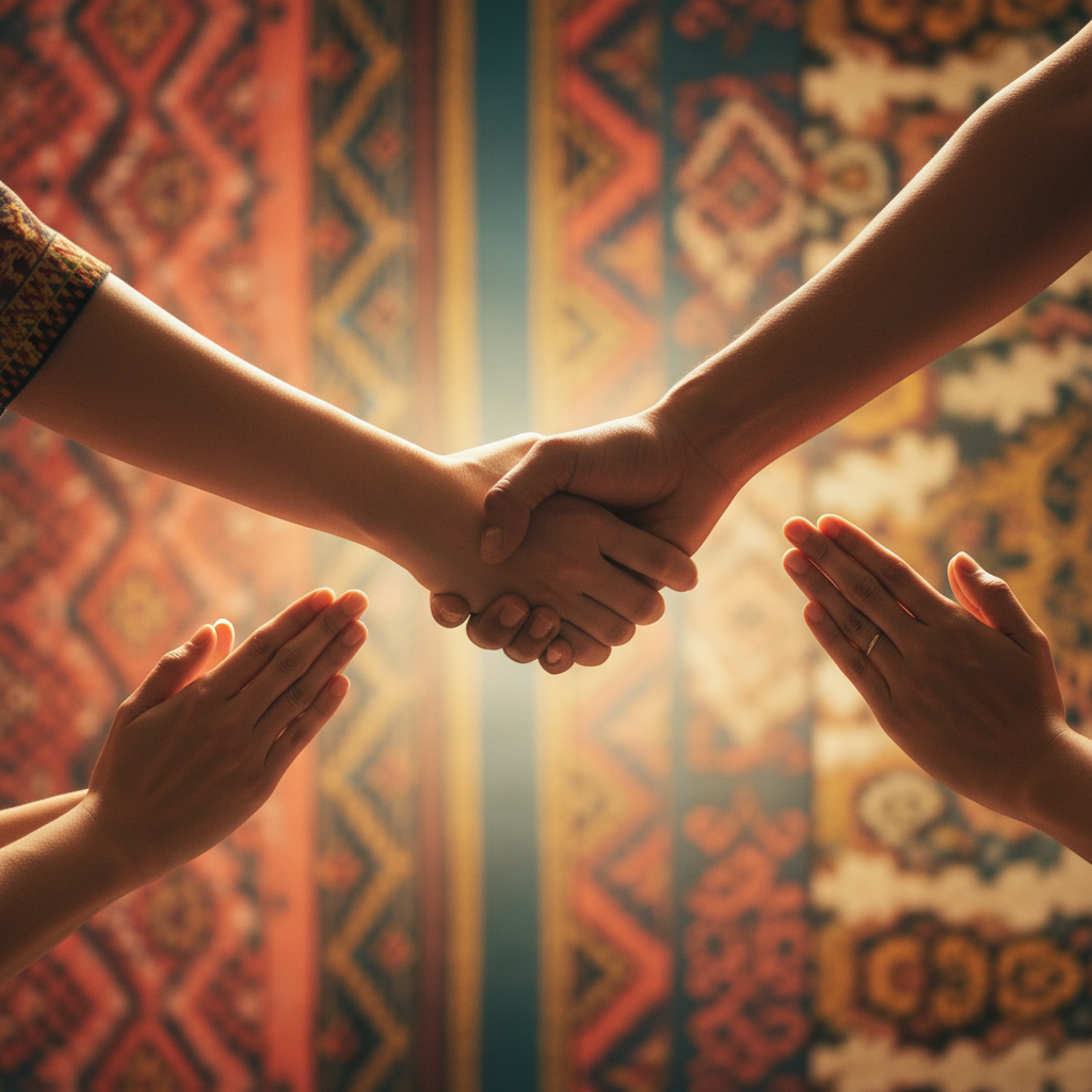 Mains de différentes cultures effectuant des gestes de salutation traditionnels se rejoignant au centre