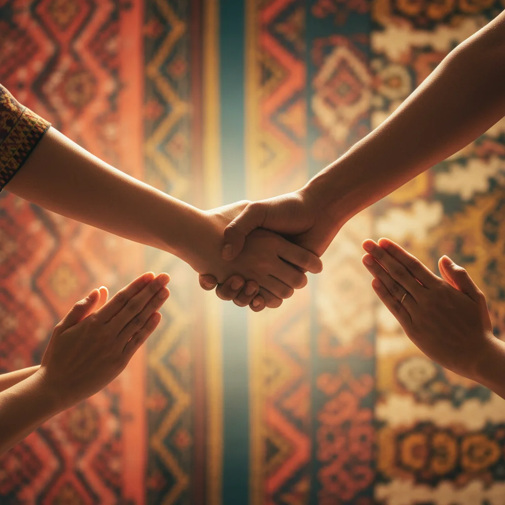 Mains de différentes cultures effectuant des gestes de salutation traditionnels se rejoignant au centre