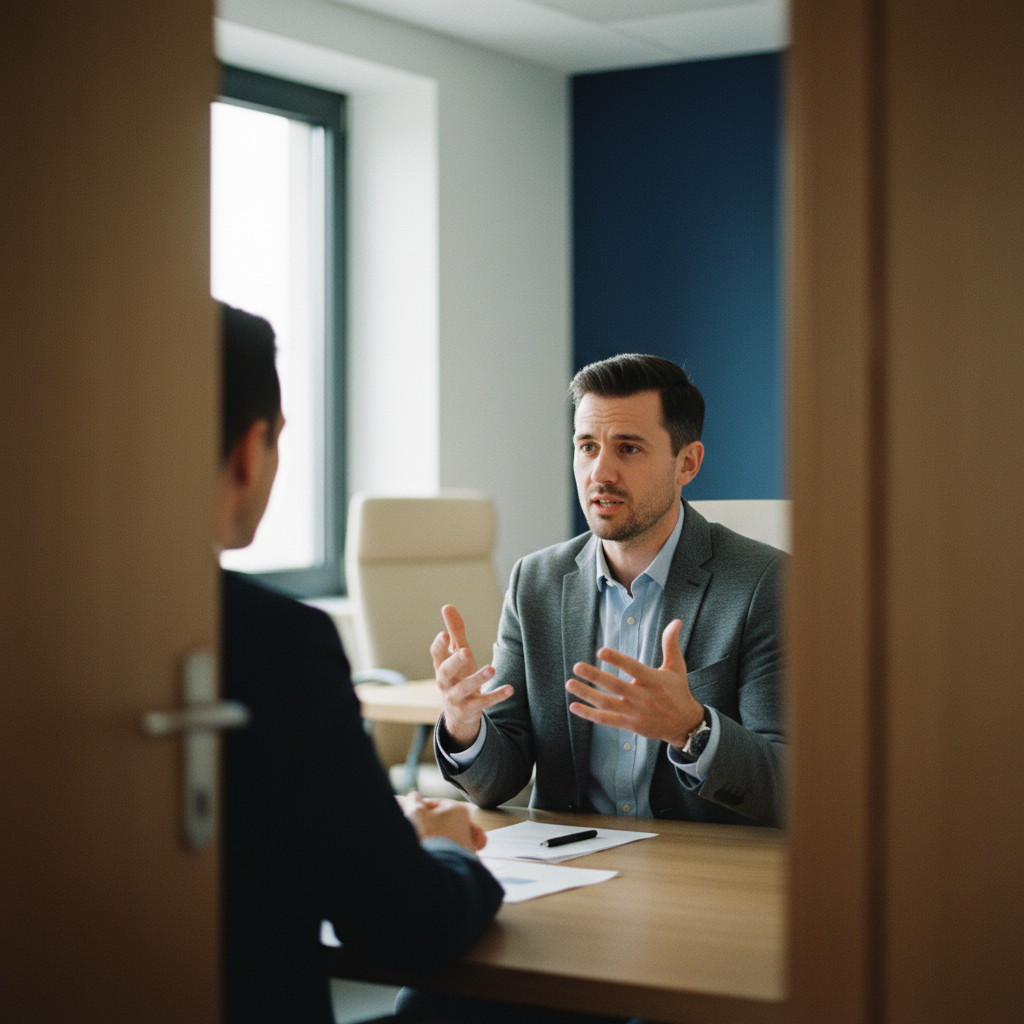 Candidat en pleine présentation lors d'un entretien d'embauche, capturé à travers une porte entrouverte dans un bureau moderne