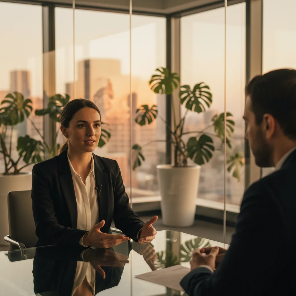Candidat confiant lors d'un entretien d'embauche dans un bureau moderne éclairé naturellement