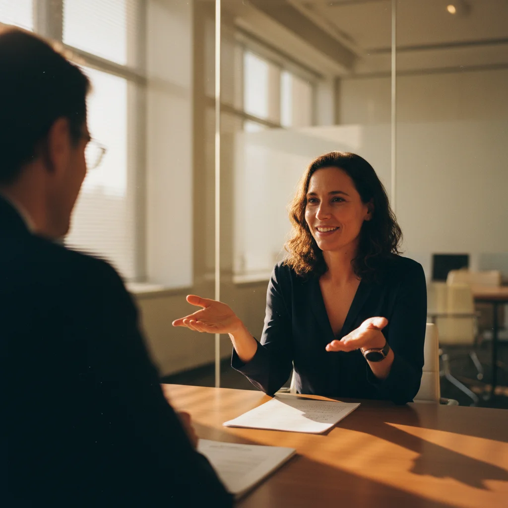 Jeune professionnelle lors d'un entretien d'embauche se présentant avec confiance face à un recruteur dans un bureau lumineux avec lumière naturelle