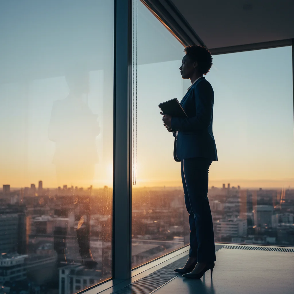 Femme professionnelle contemplant l'horizon urbain au lever du soleil depuis un bureau