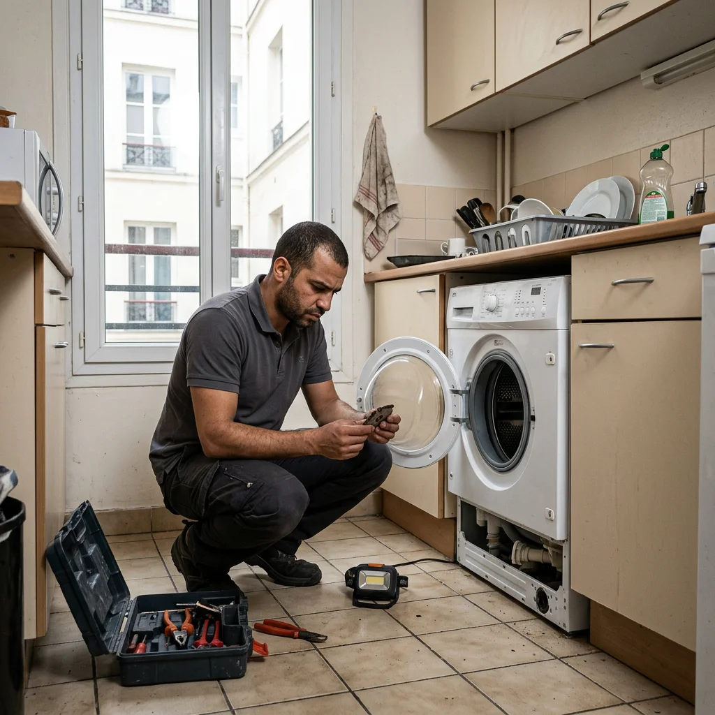 Technicien en électroménager accroupi devant un lave-linge ouvert dans une cuisine, une pièce détachée à la main