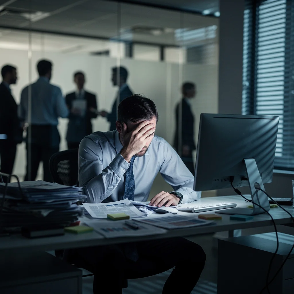 Travailleur isolé et stressé à son bureau dans un open space sombre illustrant un environnement de travail toxique