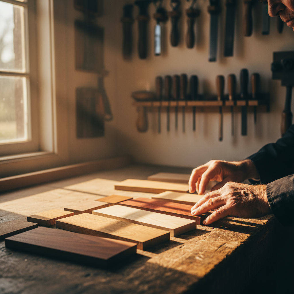 Artisan examinant différentes essences de bois sur son établi dans un atelier baigné de lumière naturelle - métaphore du choix professionnel et de l'expertise