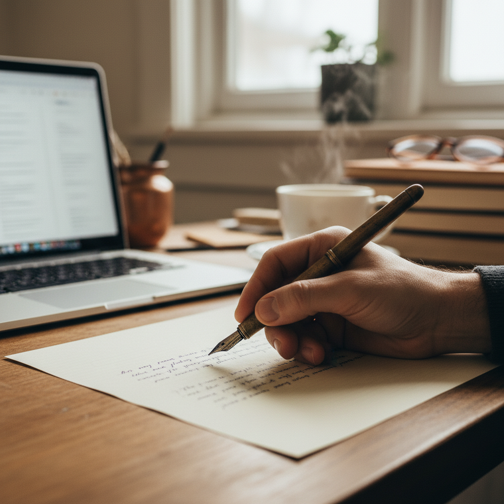 Mains écrivant une lettre de motivation manuscrite avec stylo-plume, ordinateur portable en arrière-plan, symbolisant l'alliance entre authenticité traditionnelle et outils modernes