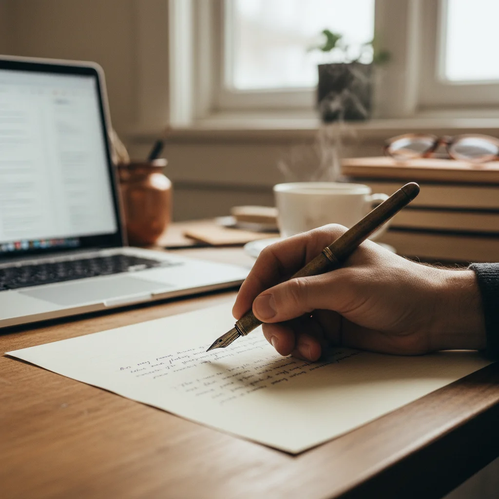 Mains écrivant une lettre de motivation manuscrite avec stylo-plume, ordinateur portable en arrière-plan, symbolisant l'alliance entre authenticité traditionnelle et outils modernes