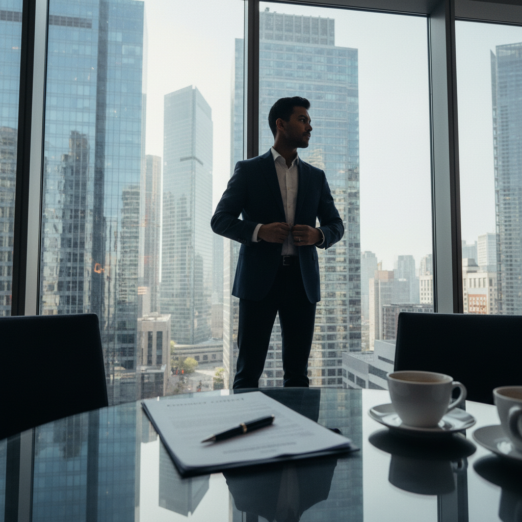 Professionnel confiant se préparant à une négociation salariale dans un bureau moderne avec vue urbaine, symbolisant l'équilibre entre assurance et professionnalisme