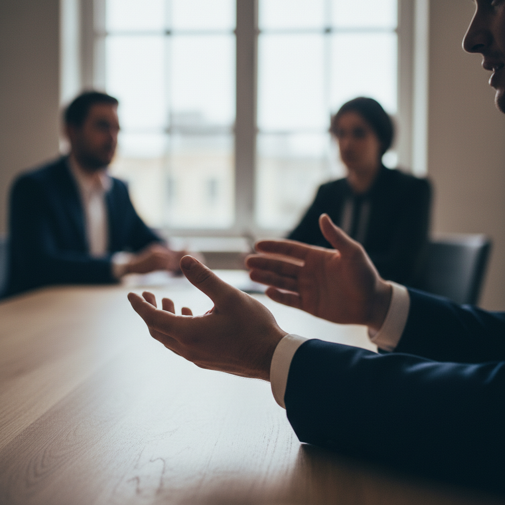 Gros plan sur des mains ouvertes en geste de sincérité lors d'un entretien d'embauche, illustrant la vulnérabilité authentique