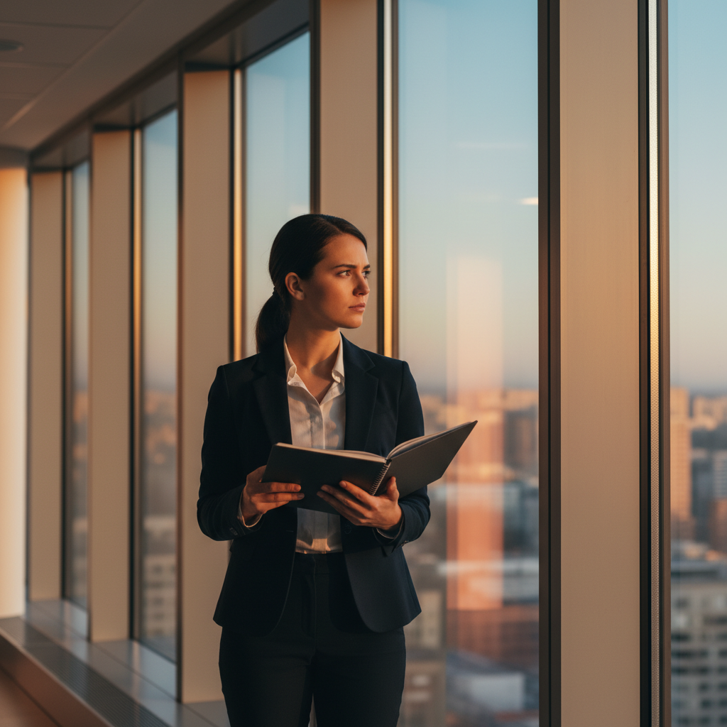 Jeune professionnelle tenant un carnet, debout devant une baie vitrée au coucher du soleil, en préparation d'un entretien d'embauche