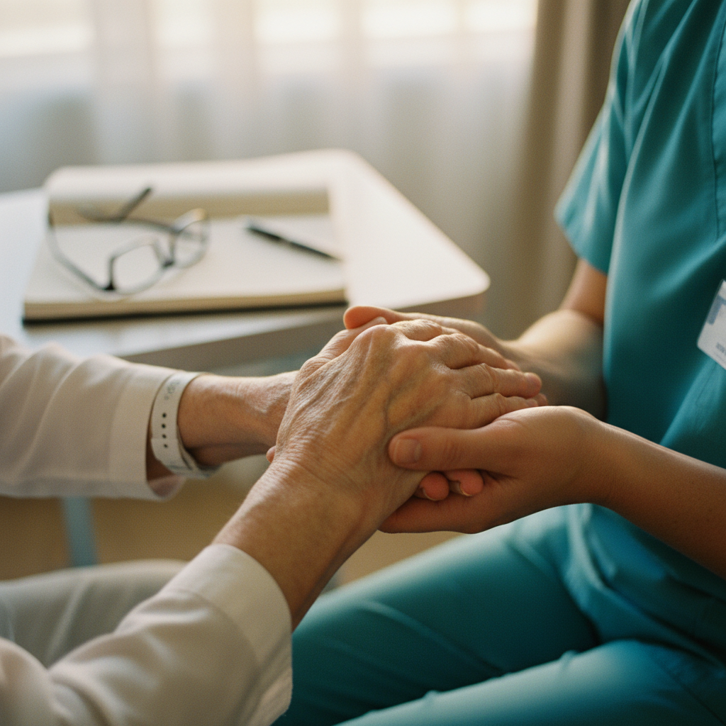 Le cœur du metier d aide soignante - Vocation et engagement humain Aide-soignante tenant avec bienveillance la main d'une personne âgée dans un environnement de soins, symbolisant l'humanité et la vocation du métier