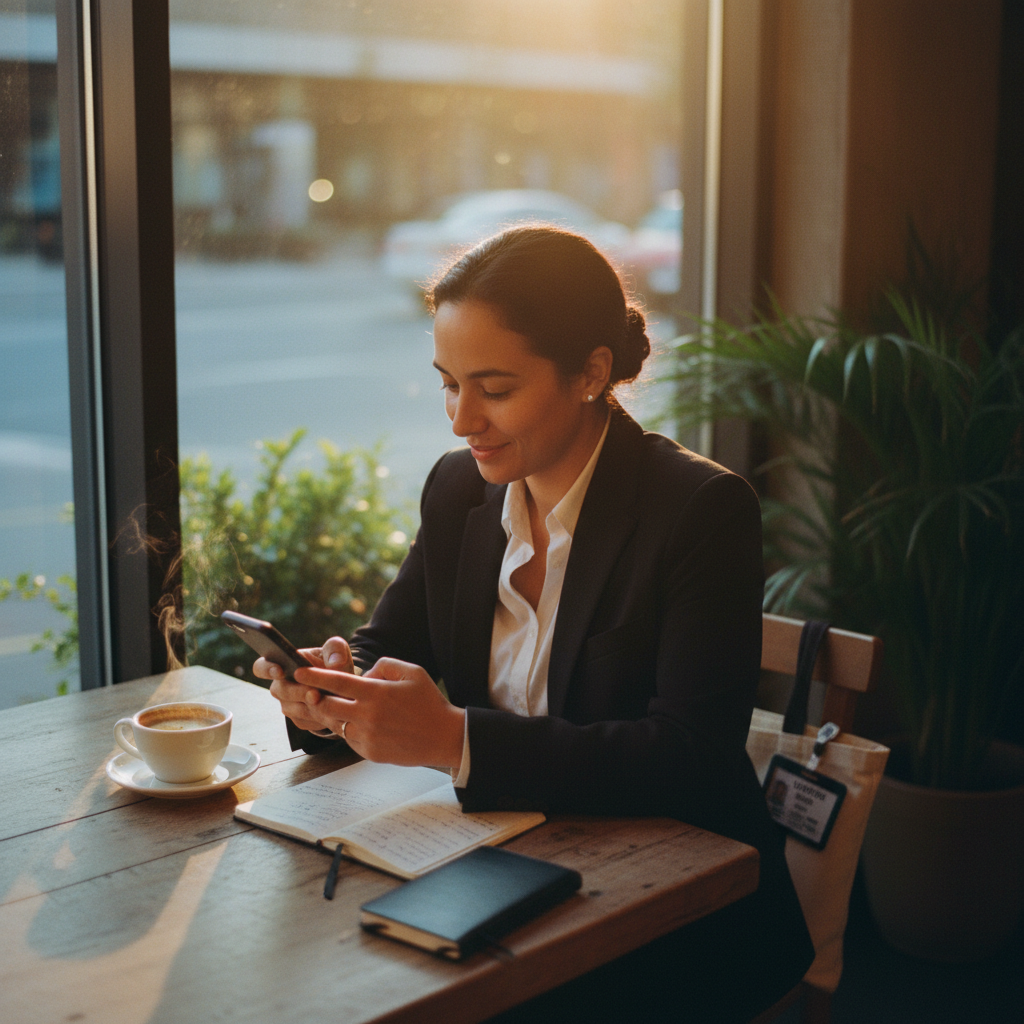 Candidat rédigeant un message de remerciement sur smartphone dans un café après un entretien d'embauche, lumière naturelle chaleureuse