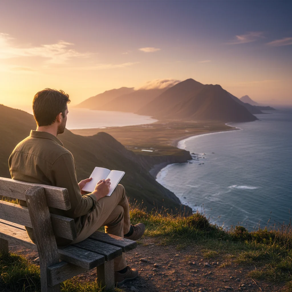 Personne en réflexion avec carnet face à un paysage ouvert