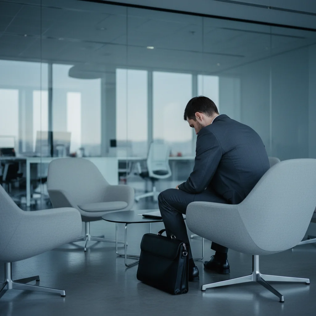 Professionnel en costume attendant seul dans salle d'entreprise après entretien embauche sans réponse positive