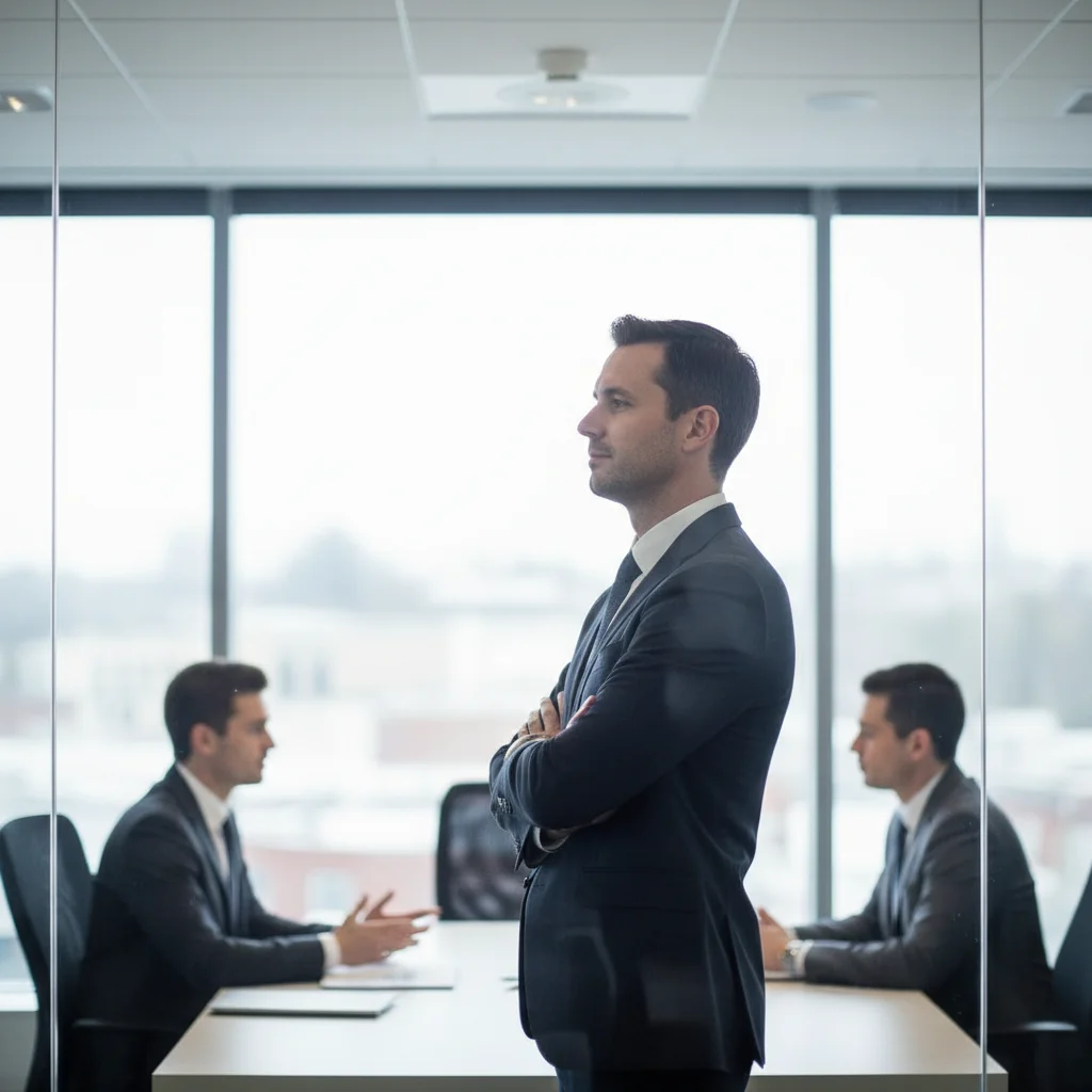Manager en position d'observation réfléchie face à deux collaborateurs en tension, évaluant le moment d'intervention approprié