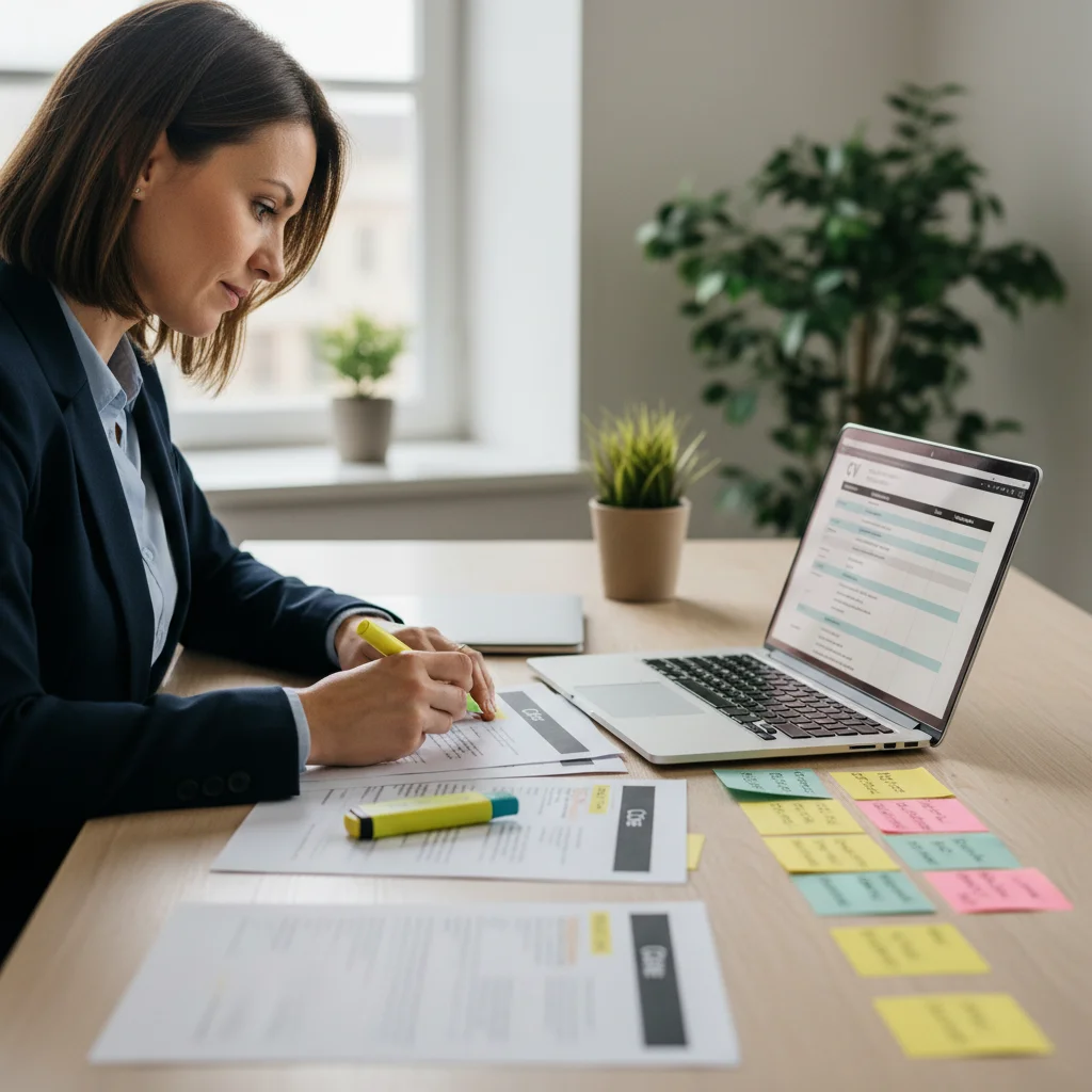 Professionnelle organisant son CV avec surligneurs pour structurer plusieurs postes occupés dans une même entreprise