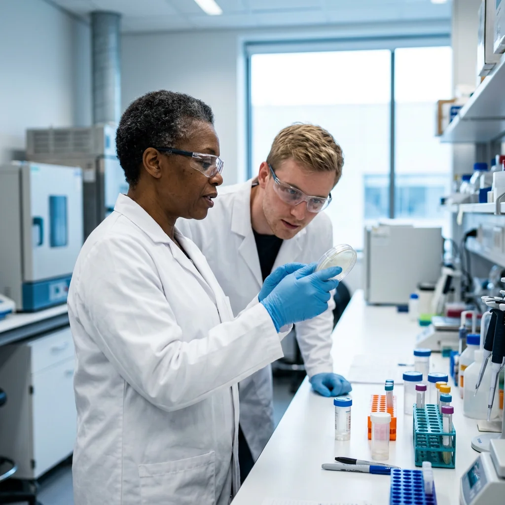 Technicienne expérimentée qui montre une boîte de Petri à un jeune technicien dans un laboratoire d’analyses