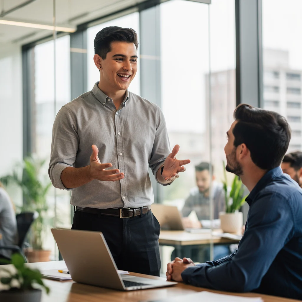 Jeune professionnel présentant une idée à son manager dans un bureau moderne avec gestuelle confiante