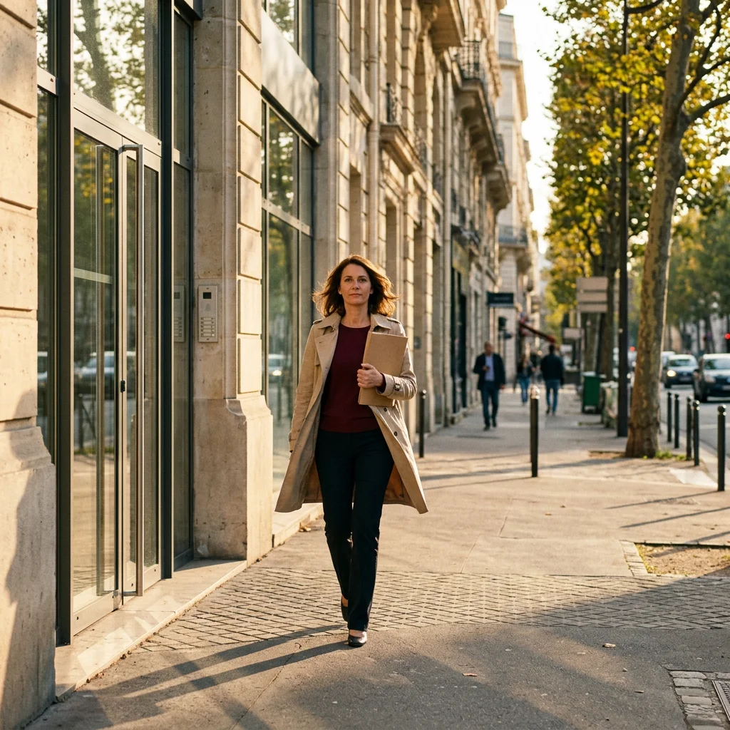 Femme d’une quarantaine d’années qui sort d’un immeuble de bureaux en fin d’après-midi, le regard tourné vers l’avant