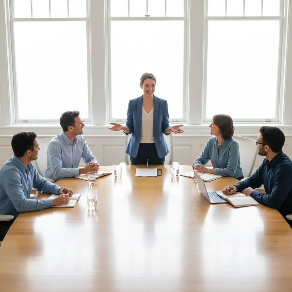 Nouvelle manager lors de première réunion avec son équipe assise en cercle autour d'une table, ambiance accueillante et collaborative