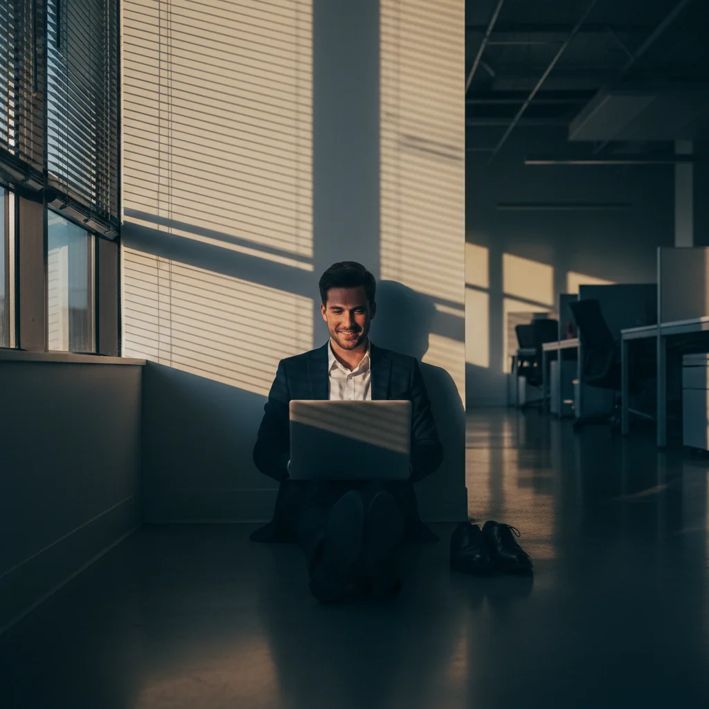 Professionnel assis au sol après les heures contemplant son erreur d'email sur ordinateur portable dans bureau vide