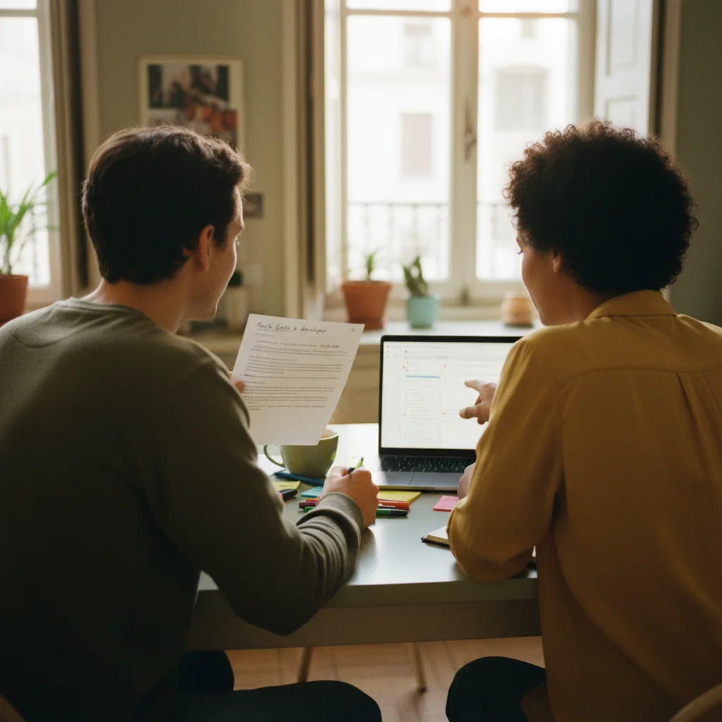 Deux personnes assises côte à côte relisant une lettre de motivation sur ordinateur portable, ambiance collaborative chaleureuse avec Post-its colorés et annotations constructives sur la table