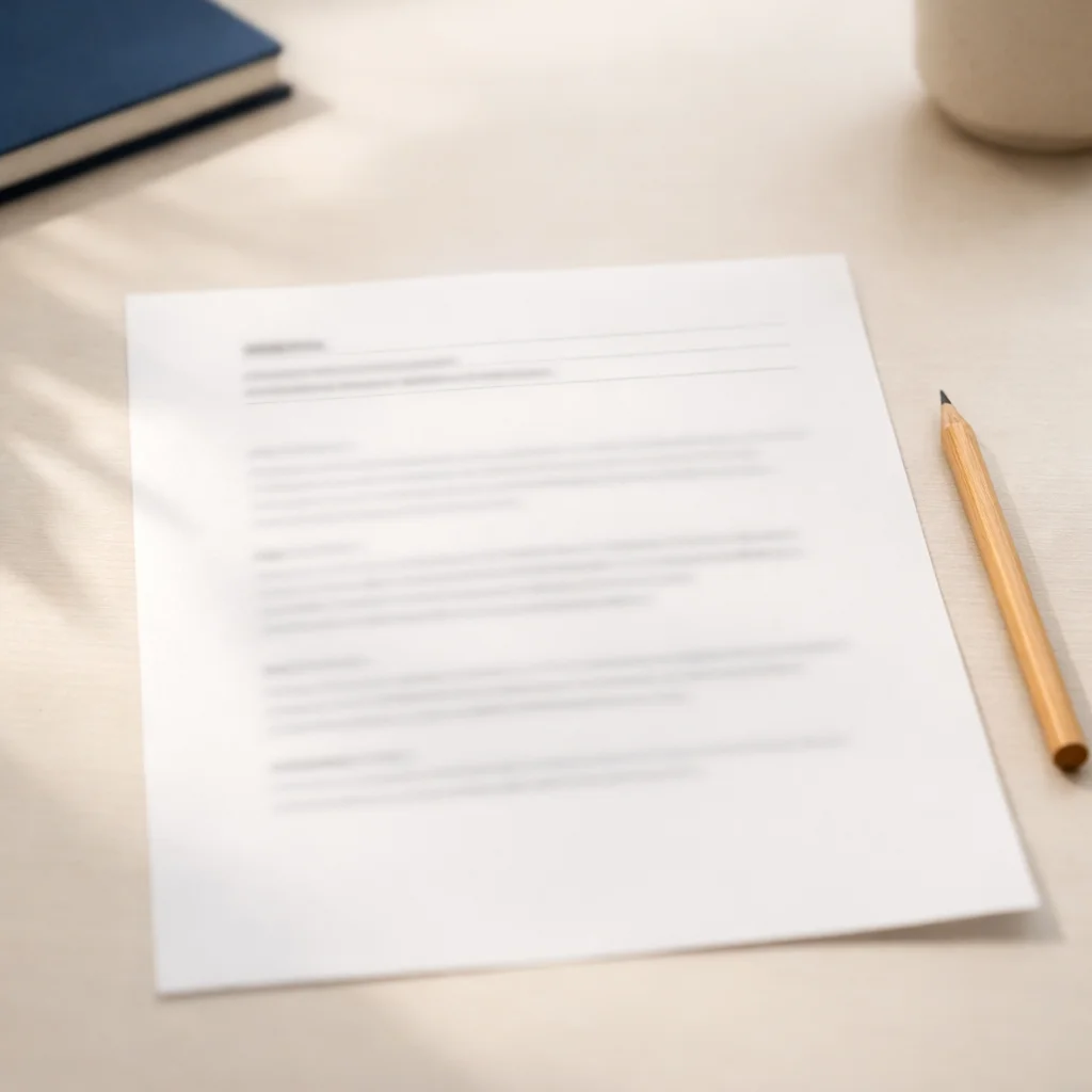 Feuille de CV posée sur un bureau épuré, avec les premières lignes de l'accroche mises en valeur par la lumière naturelle