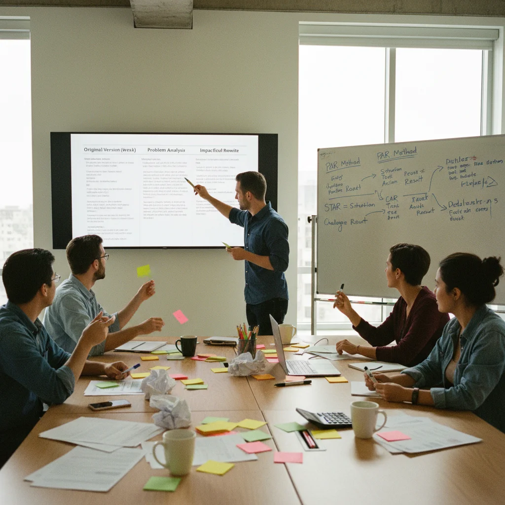 Groupe de 4 professionnels en atelier collaboratif réécrivant CV projeté sur écran, tableau blanc avec frameworks PAR STAR CAR, Post-its et marqueurs sur table