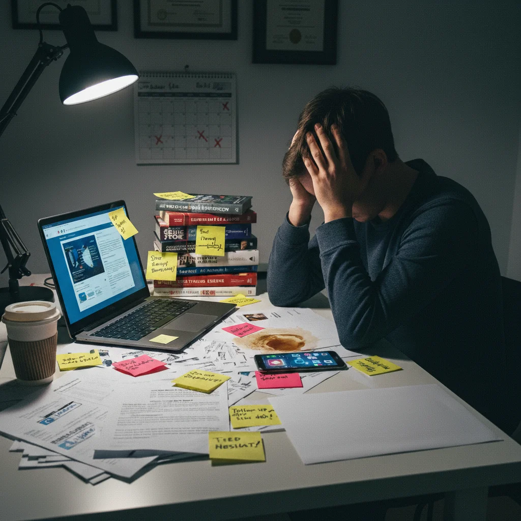 Personne épuisée tête entre mains devant bureau chaotique couvert Post-its conseils contradictoires, écrans multiples articles carrière, livres développement, calendrier rejets candidatures