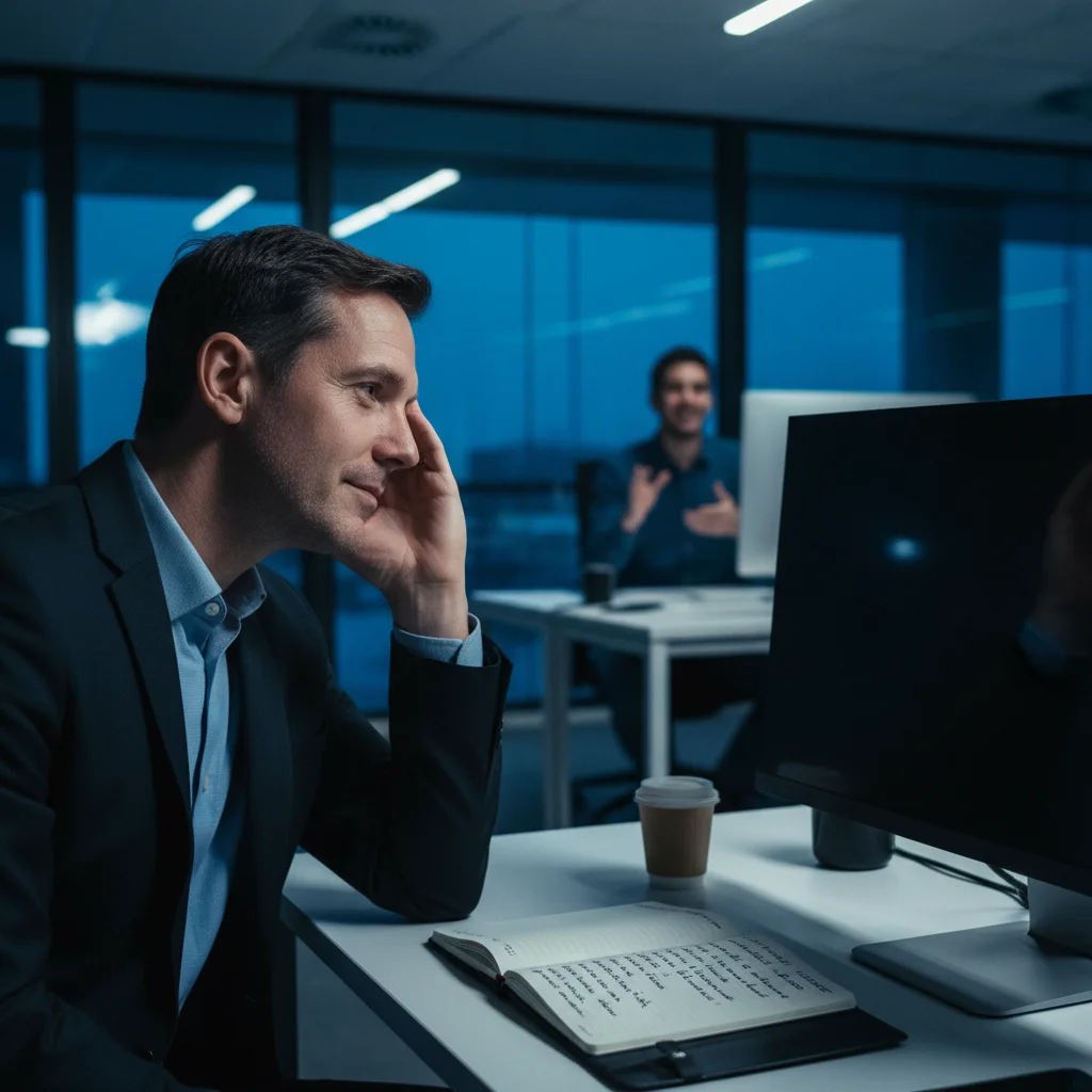 Professionnel quadragénaire contemplatif dans bureau crépusculaire regardant jeune collègue au loin, carnet ouvert avec liste leçons de carrière manuscrites devant lui, expression résignée mais bienveillante