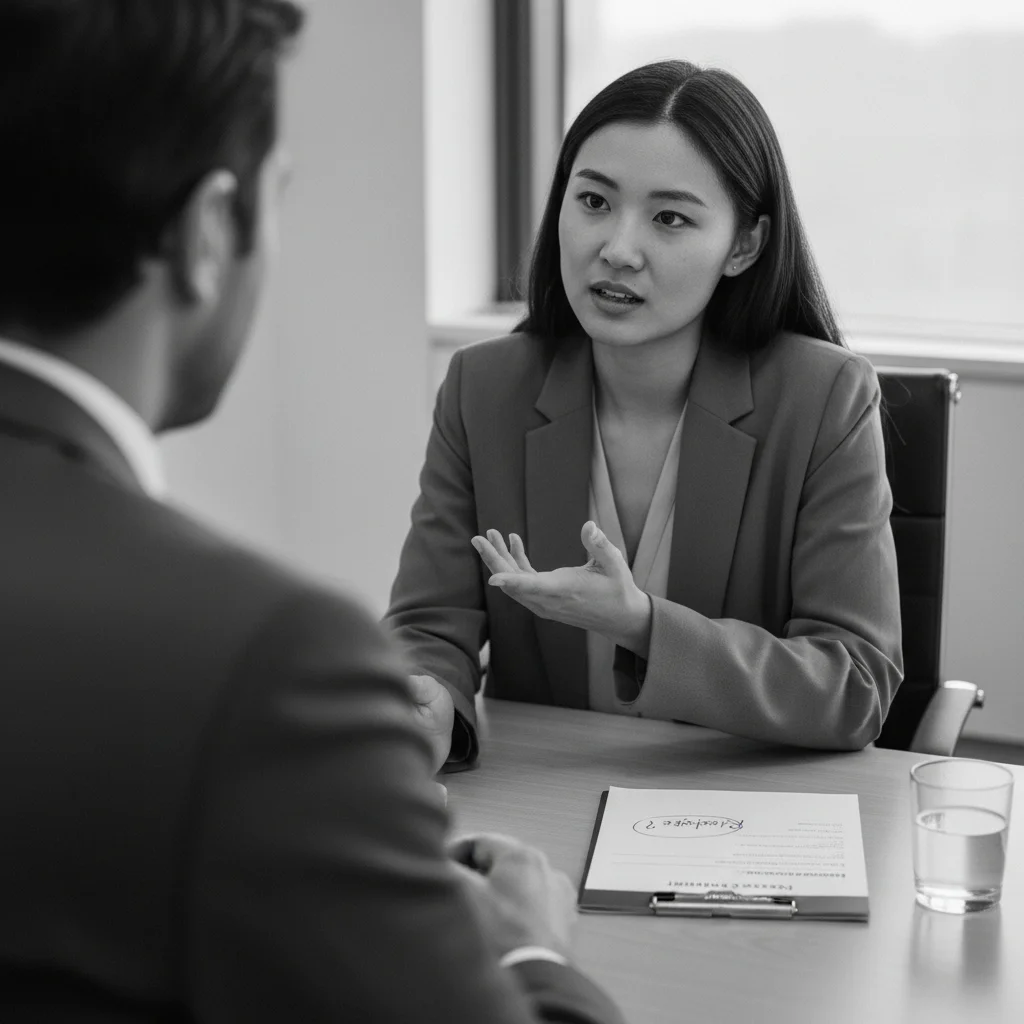 Candidat en entretien d'embauche réfléchissant avec concentration avant de répondre à question sur ancien employeur, geste de main mesuré suggérant réponse équilibrée