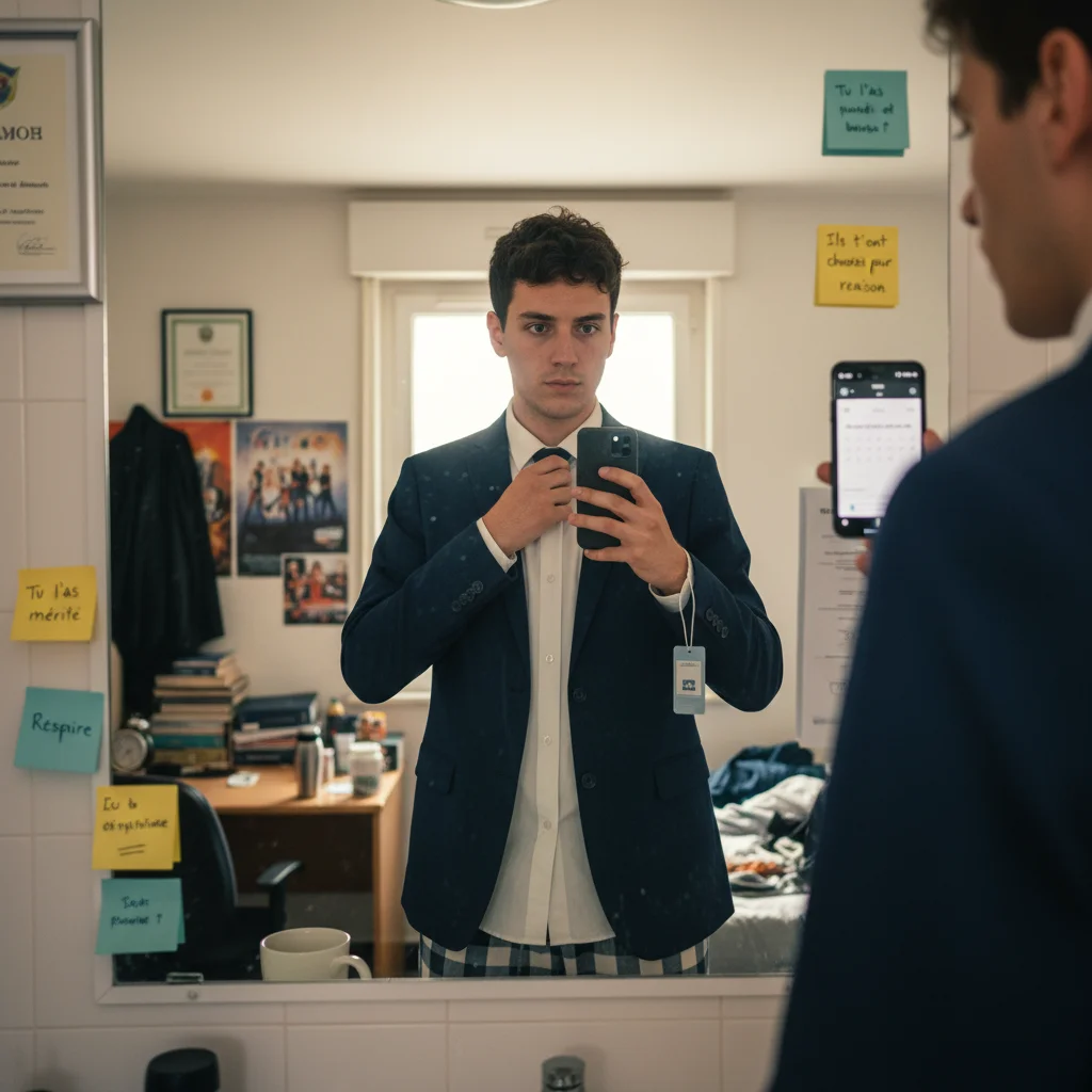 Jeune diplômé devant miroir matin premier emploi, habillé moitié costume professionnel moitié pyjama étudiant, ajustant cravate maladroitement, expression mélange fierté terreur, diplôme mur fond, smartphone main montrant horaire