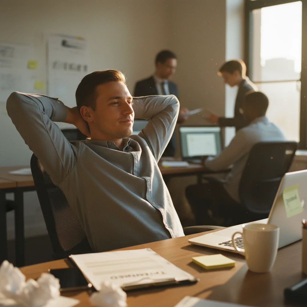 Professionnel détendu assis bureau bras croisés derrière tête, micro-sourire satisfaction, lumière dorée fin journée, document terminé approuvé, tasse café vide, expression sereine accomplissement