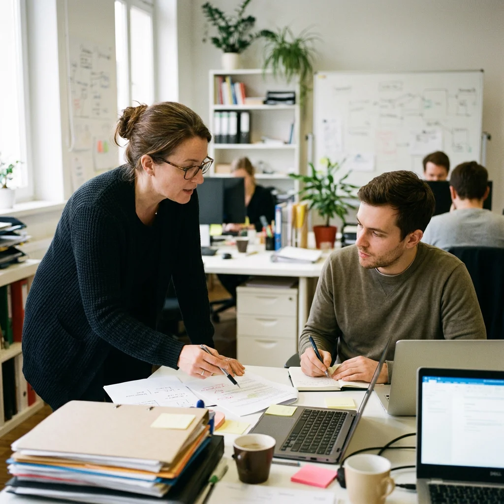 Une manager à lunettes, debout et penchée sur un bureau, présente des documents à un collaborateur assis qui l'écoute en prenant des notes, dans un open space.