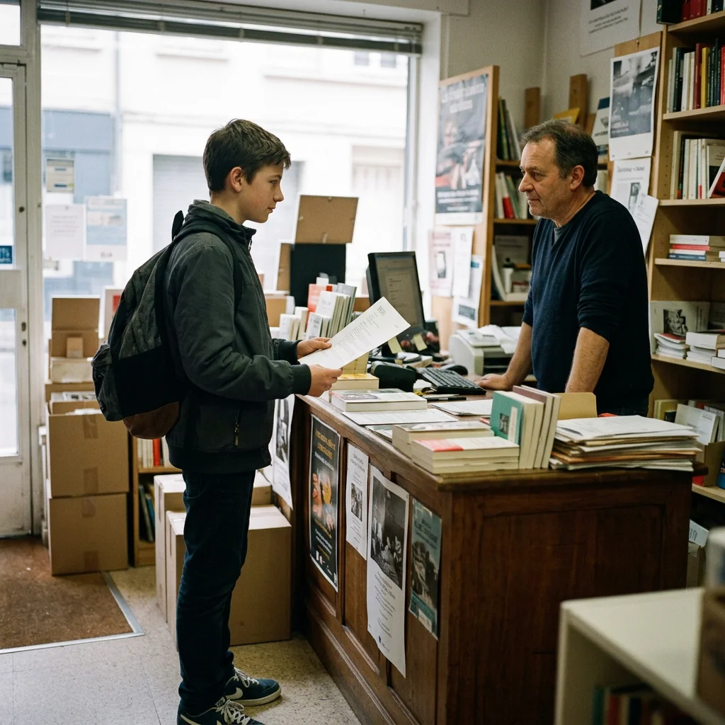 Un adolescent avec un sac à dos tend une feuille au libraire, debout derrière le comptoir d'une petite librairie.