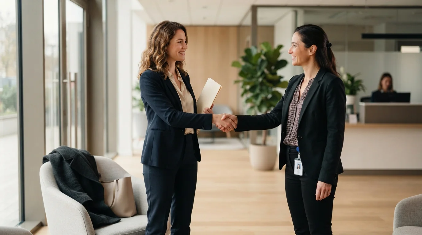 Candidate souriante qui serre la main d’une recruteuse dans le hall d’accueil d’une entreprise avant un entretien d’embauche