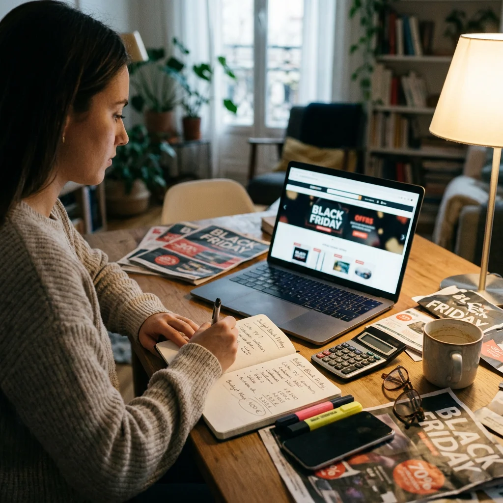 Une jeune femme en pull beige note sa liste d'achats dans un carnet intitulé « Budget Black Friday », devant un ordinateur portable affichant des offres promotionnelles, entourée de prospectus, d'une calculatrice et d'une tasse de café.