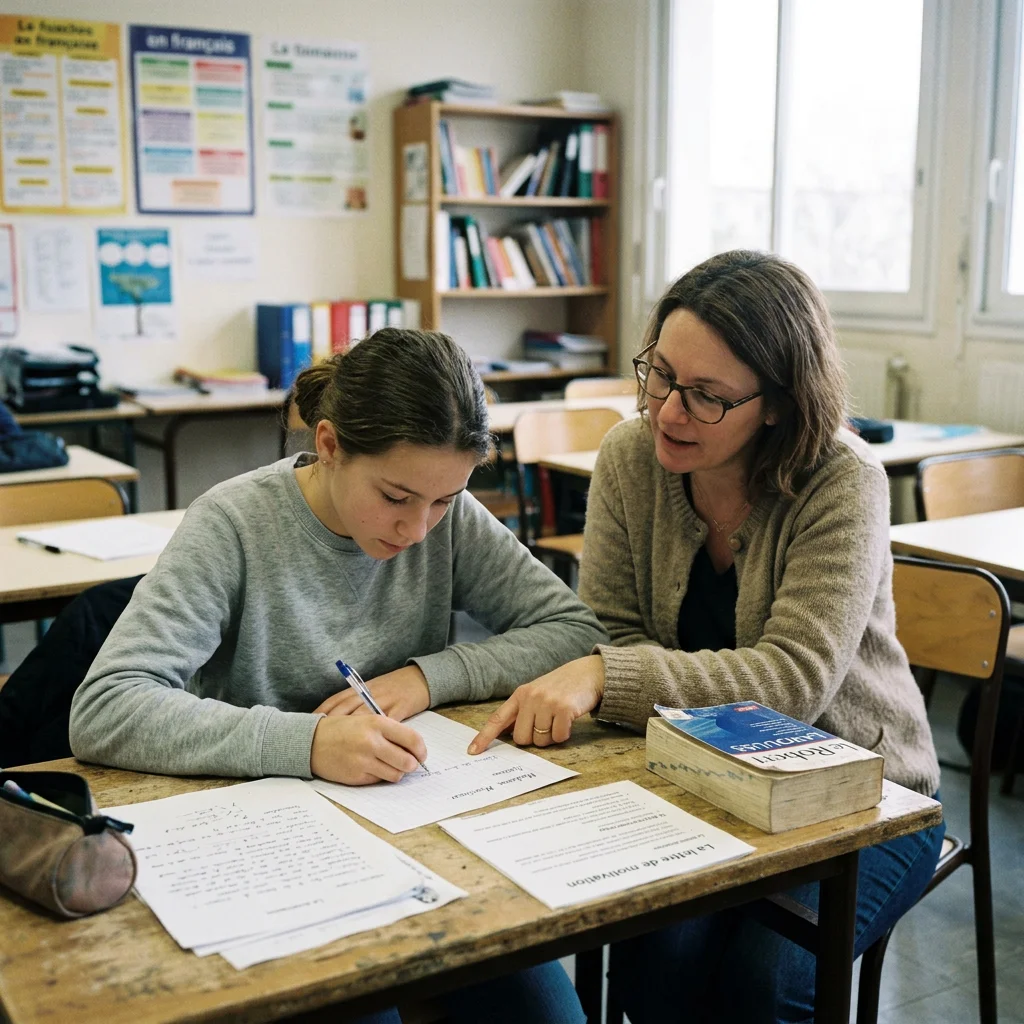 Une adolescente rédige une lettre à la main, aidée par une enseignante qui pointe sa feuille, dans une salle de classe.