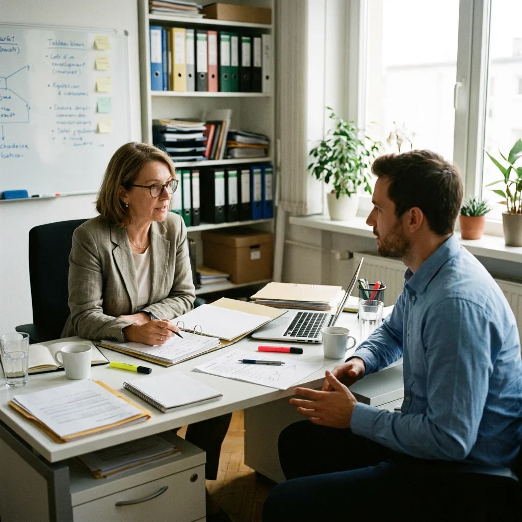 Une manager à lunettes prend des notes face à un collaborateur en chemise bleue lors d'un entretien d'évaluation annuel, dans un bureau rempli de dossiers.